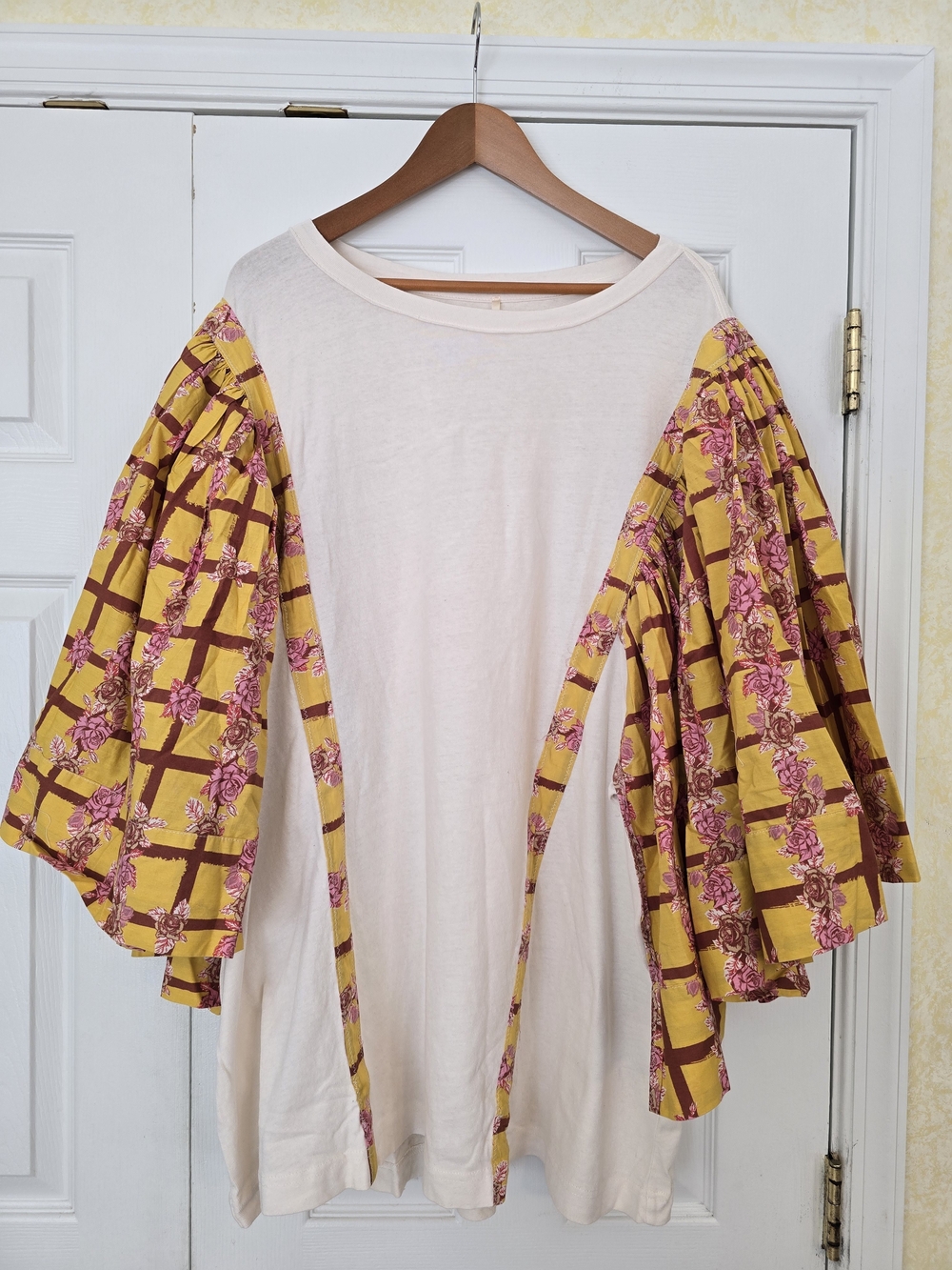 NWOT We The Free Top with Yellow Floral Grid Bell Sleeves - XL